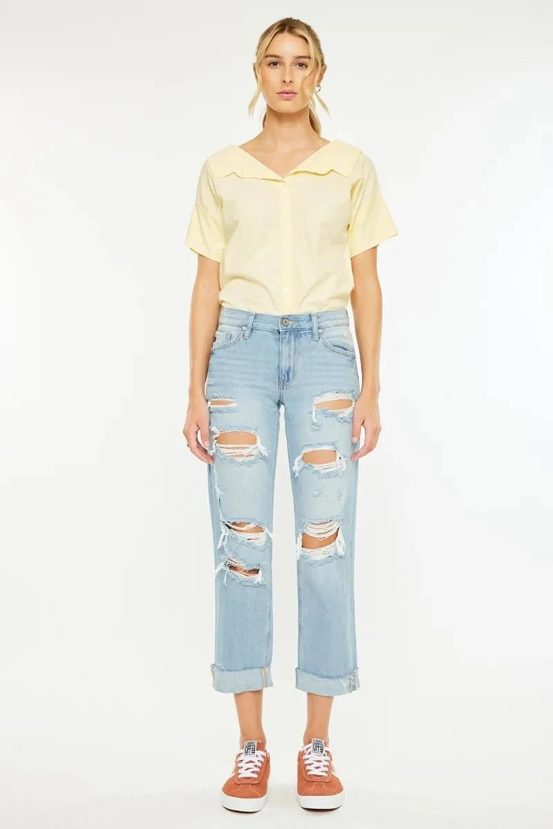 Kancan Mid Rise Distressed Boyfriend Jeans