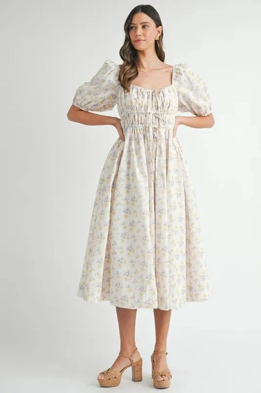MABLE Floral Drawstring Detail Puff Sleeve Midi Dress