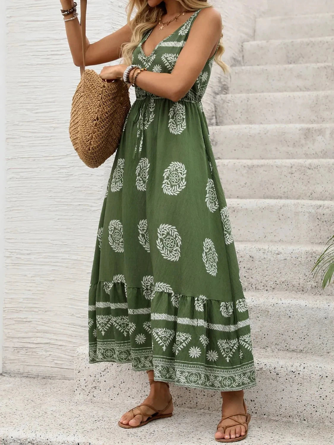 Printed V-Neck Sleeveless Dress