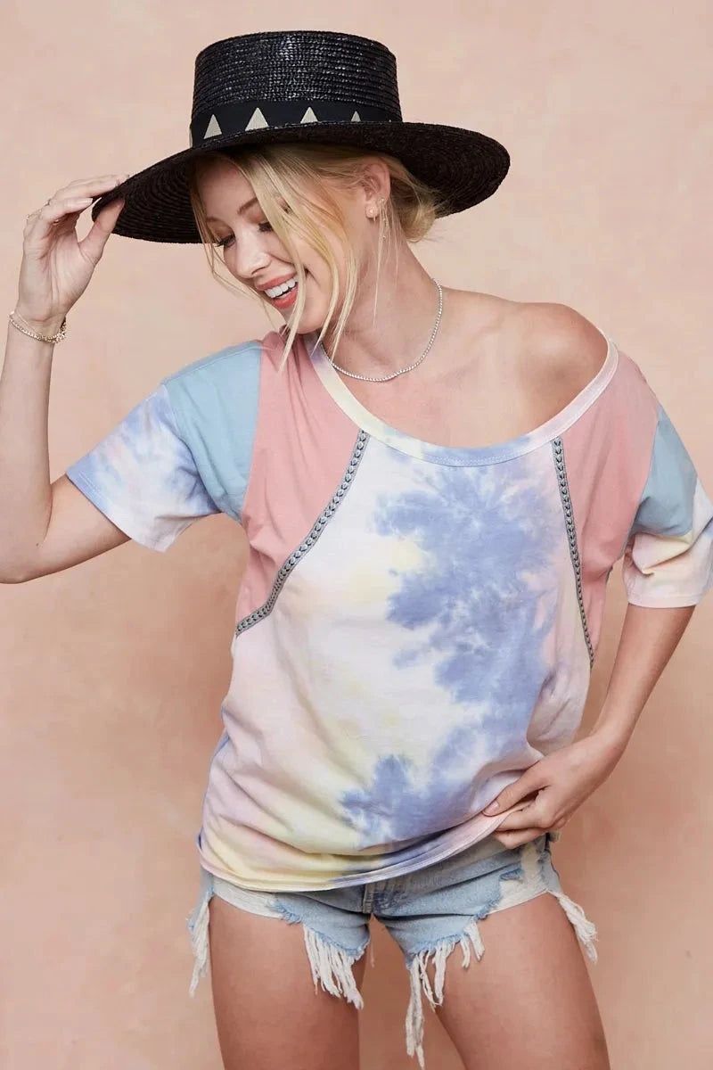 BiBi Tie Dye Printed Cotton Color Block T-Shirt