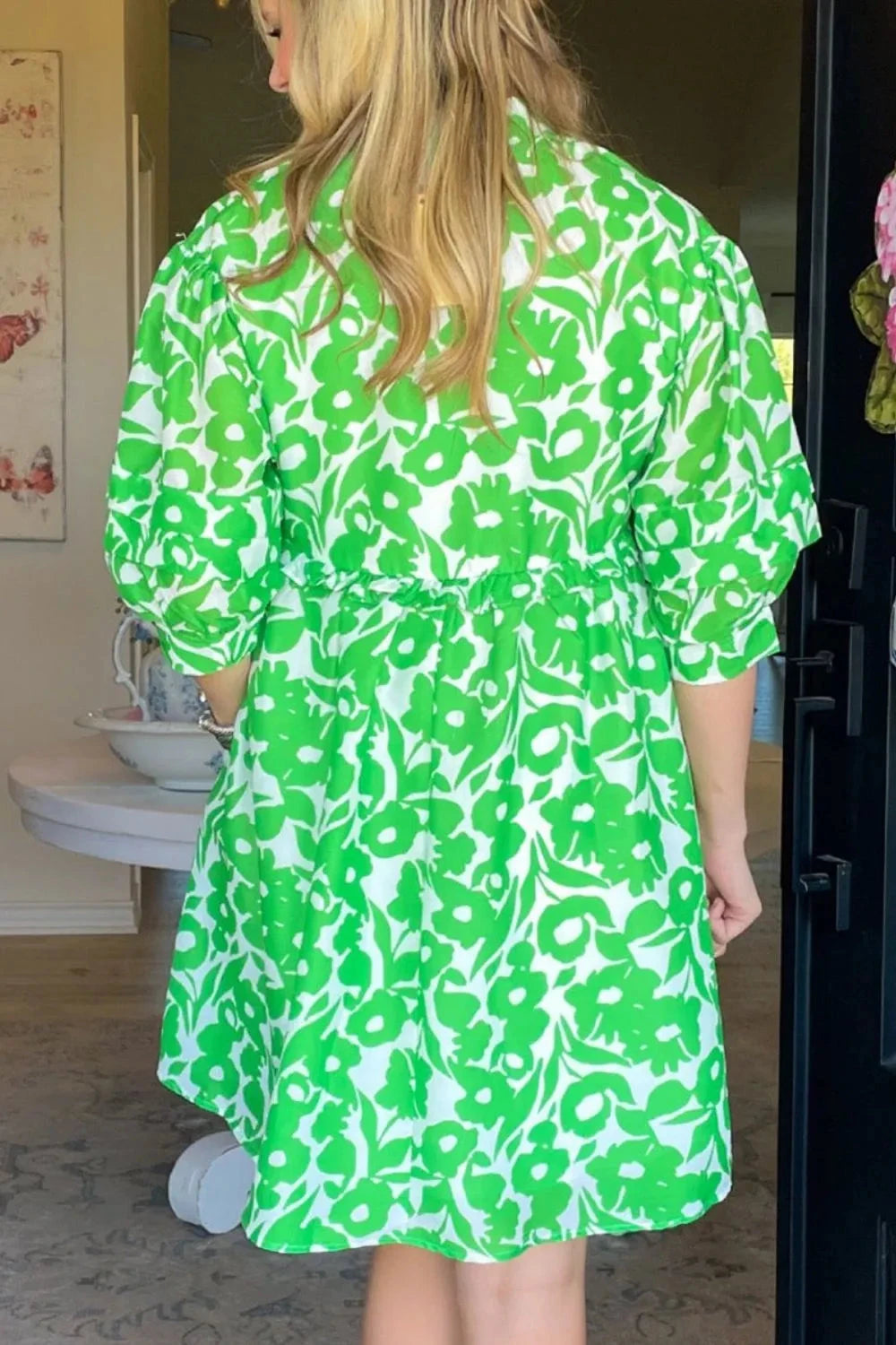 Printed Puff Half Sleeve V Neck Babydoll Dress