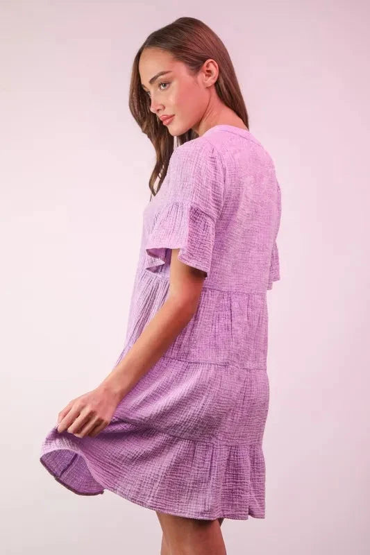 VERY J Mineral Washed Baby Bell Sleeve Woven Mini Dress