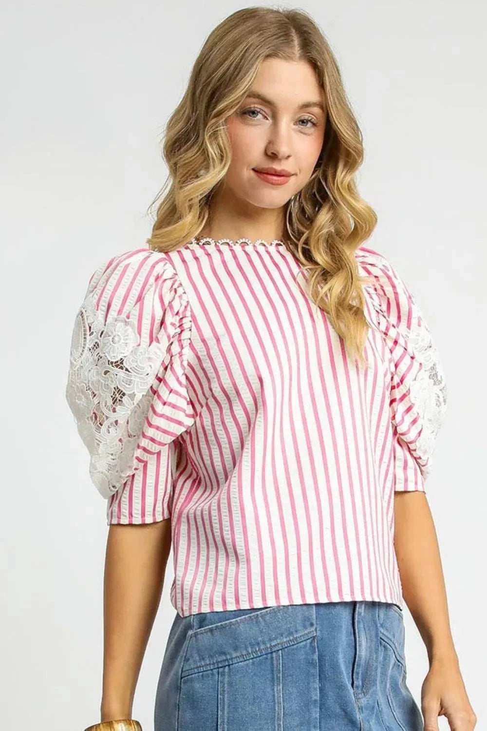 Umgee Striped Lace Puff Sleeve Blouse