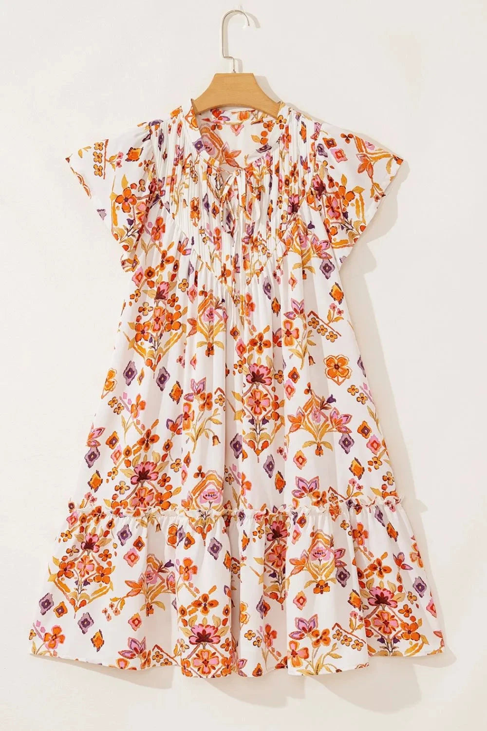 Printed Tie Neck Cap Sleeve Mini Dress