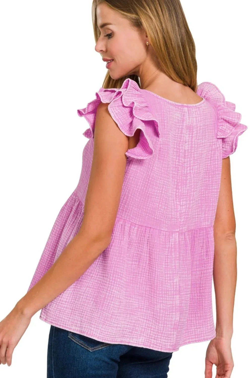 Zenana Double Gauze Acid Washed Tiered Ruffle Peplum Top