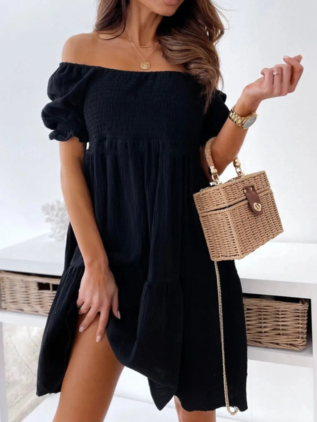 Smocked Off-Shoulder Mini Dress