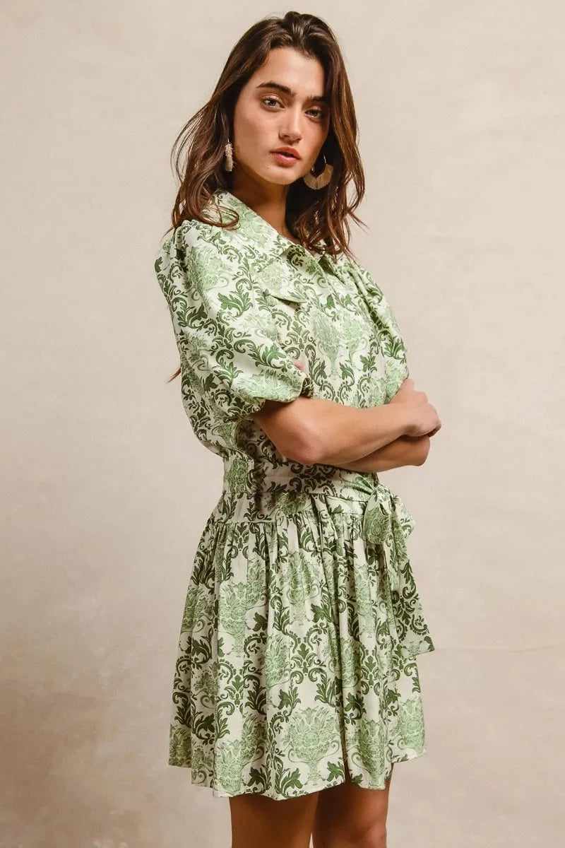 BiBi Tied Floral Short Sleeve Mini Shirt Dress