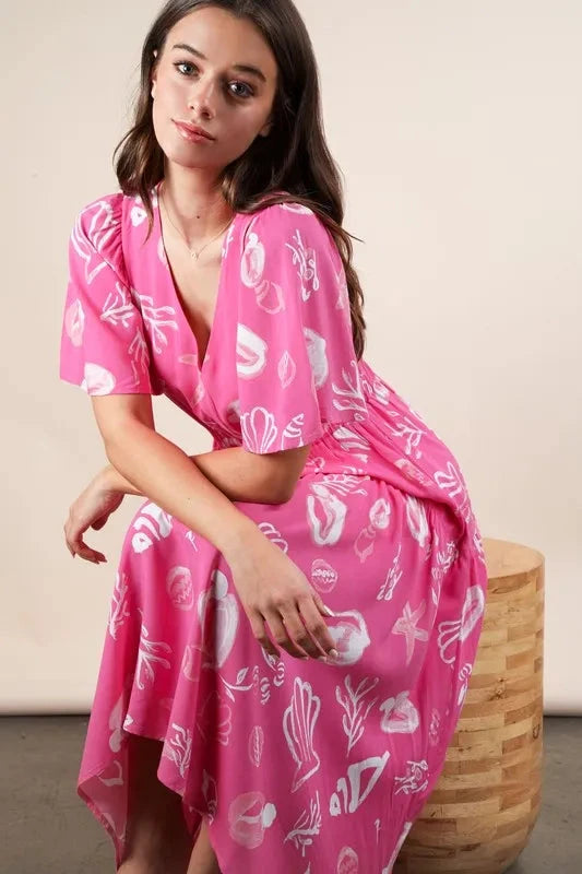 VERY J Printed V-Neck Resort Midi Dress