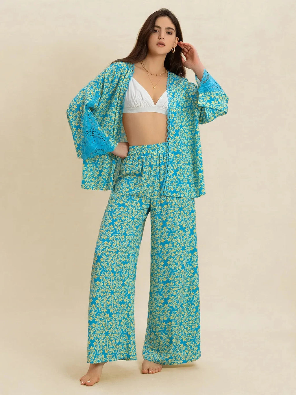 Open Front Printed Top and Pants Set