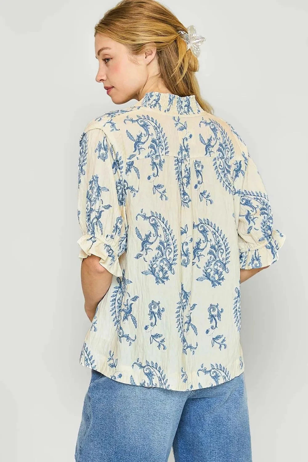Umgee Ruffle Details Printed Half Sleeve Blouse