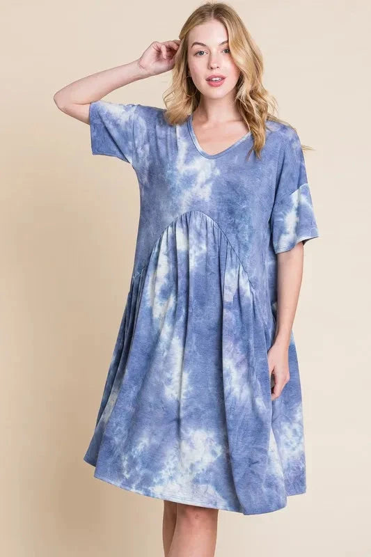 BOMBOM Tie-Dye V-Neck Half Sleeve Dress