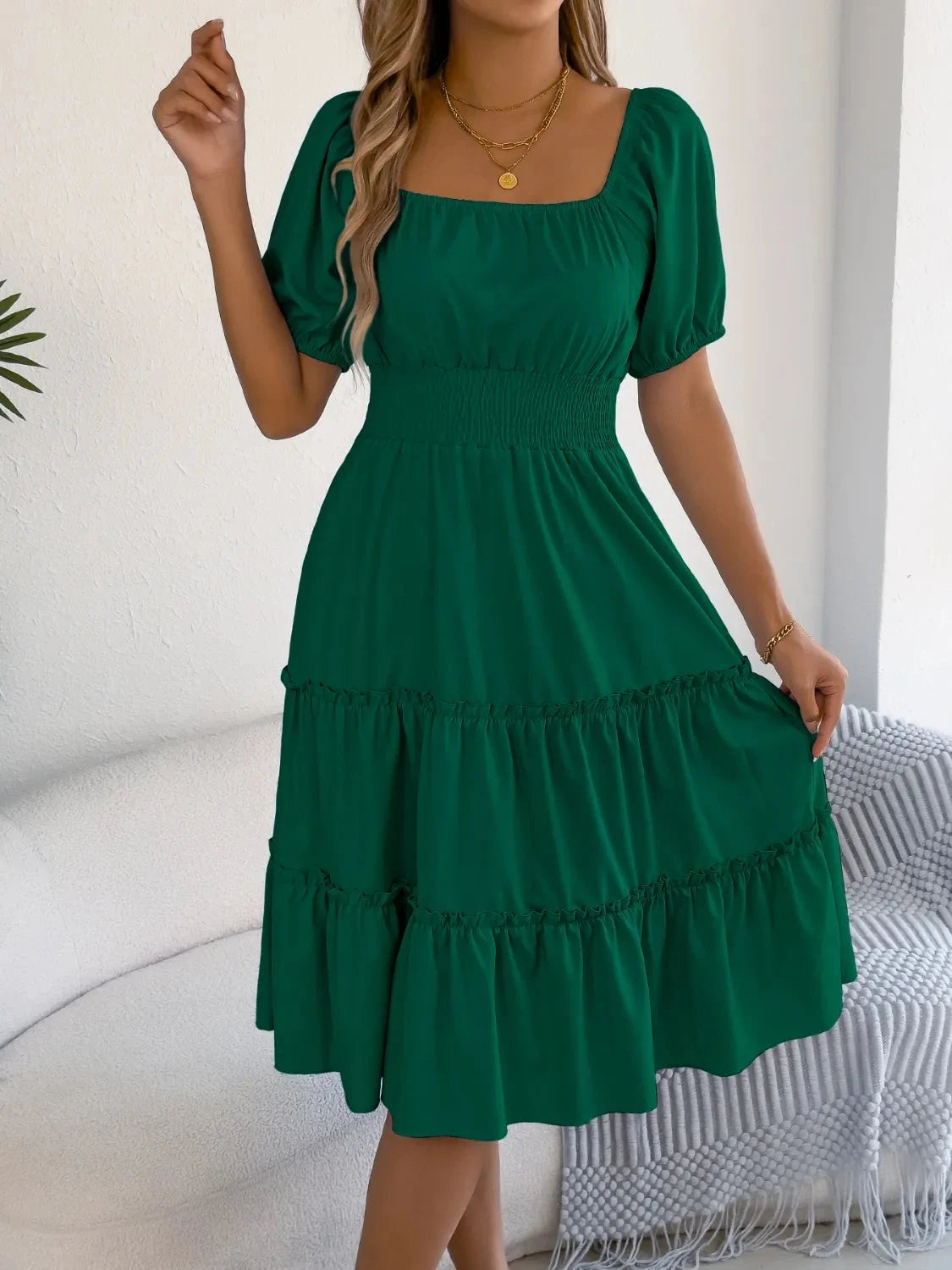 Square Neck Short Puff Sleeve Dress
