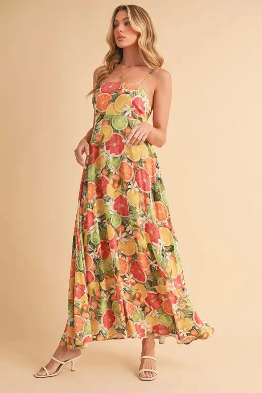 Aemi + Co Fruit Print Square Neck Maxi Cami Dress