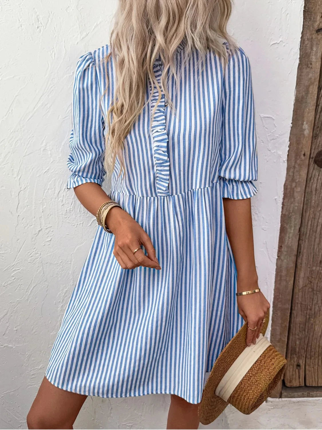Striped Half Sleeve Mini Shirt Dress