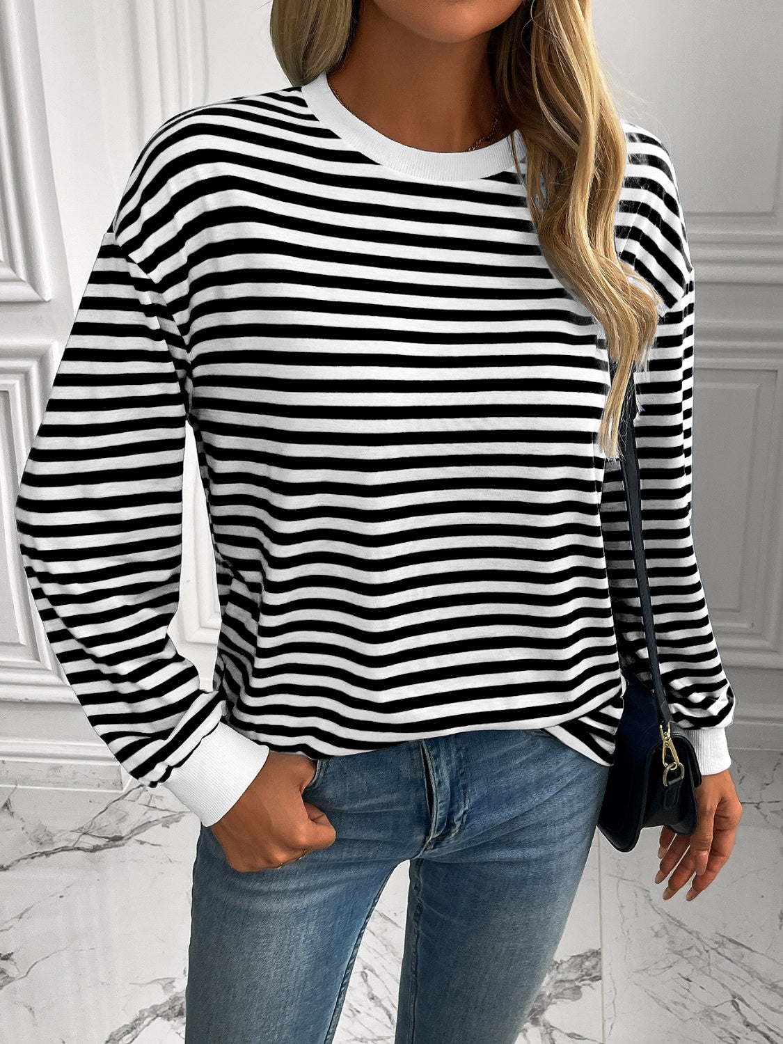 Ivy Lane Striped Round Neck Long Sleeve Sweatshirt - Laazaar