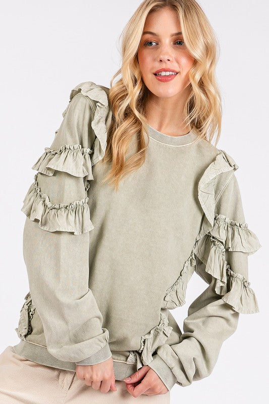Mittoshop Ruffled Mineral Washed Round Neck Long Sleeve Sweatshirt - Laazaar