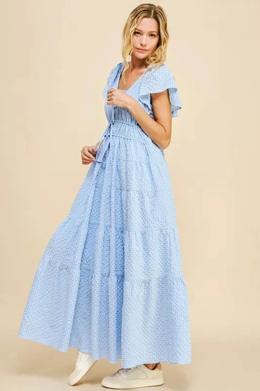 Davi & Dani Crinkled Texture Flutter Cap Sleeve Midi Dress