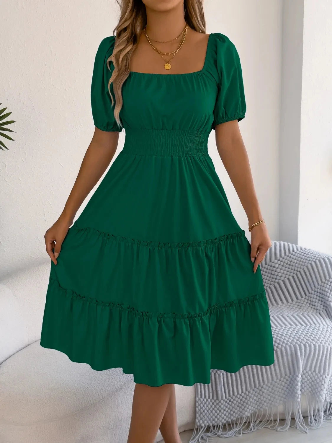Square Neck Short Puff Sleeve Dress