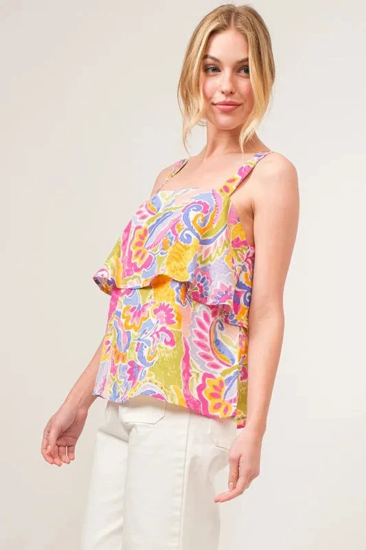 And The Why Square Neck Tiered Paisley Printed Top