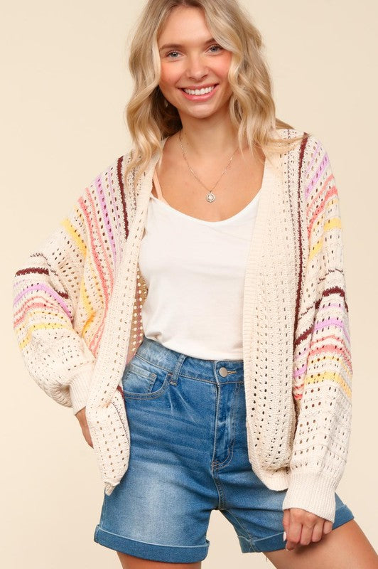Haptics Full Size Striped Crochet Open Front Cardigan - Laazaar
