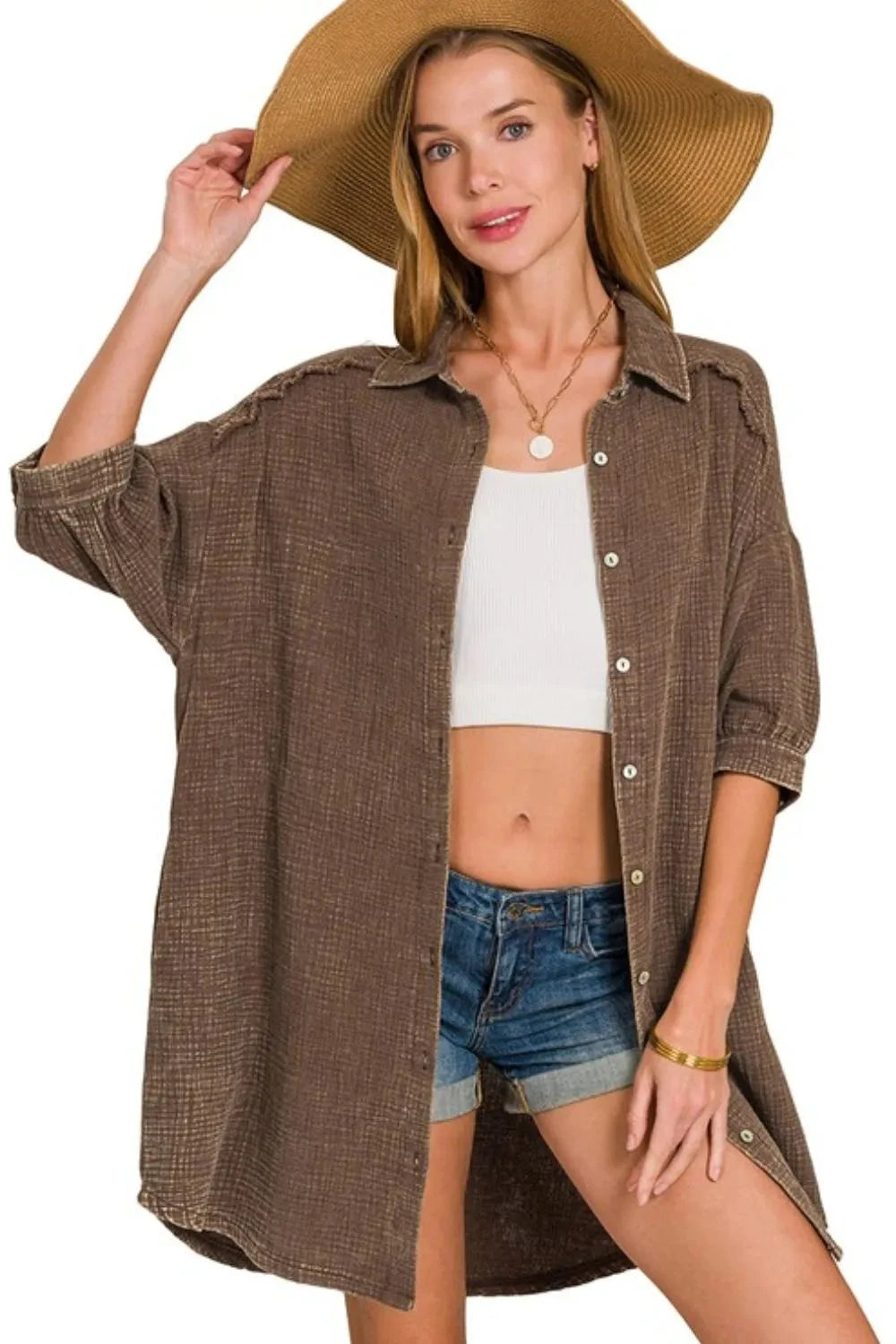 Zenana Washed Double Gauze Button Down Shirt Dress