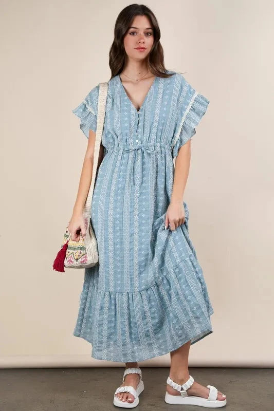 VERY J Embroidered Boho Ruffled Midi Dress