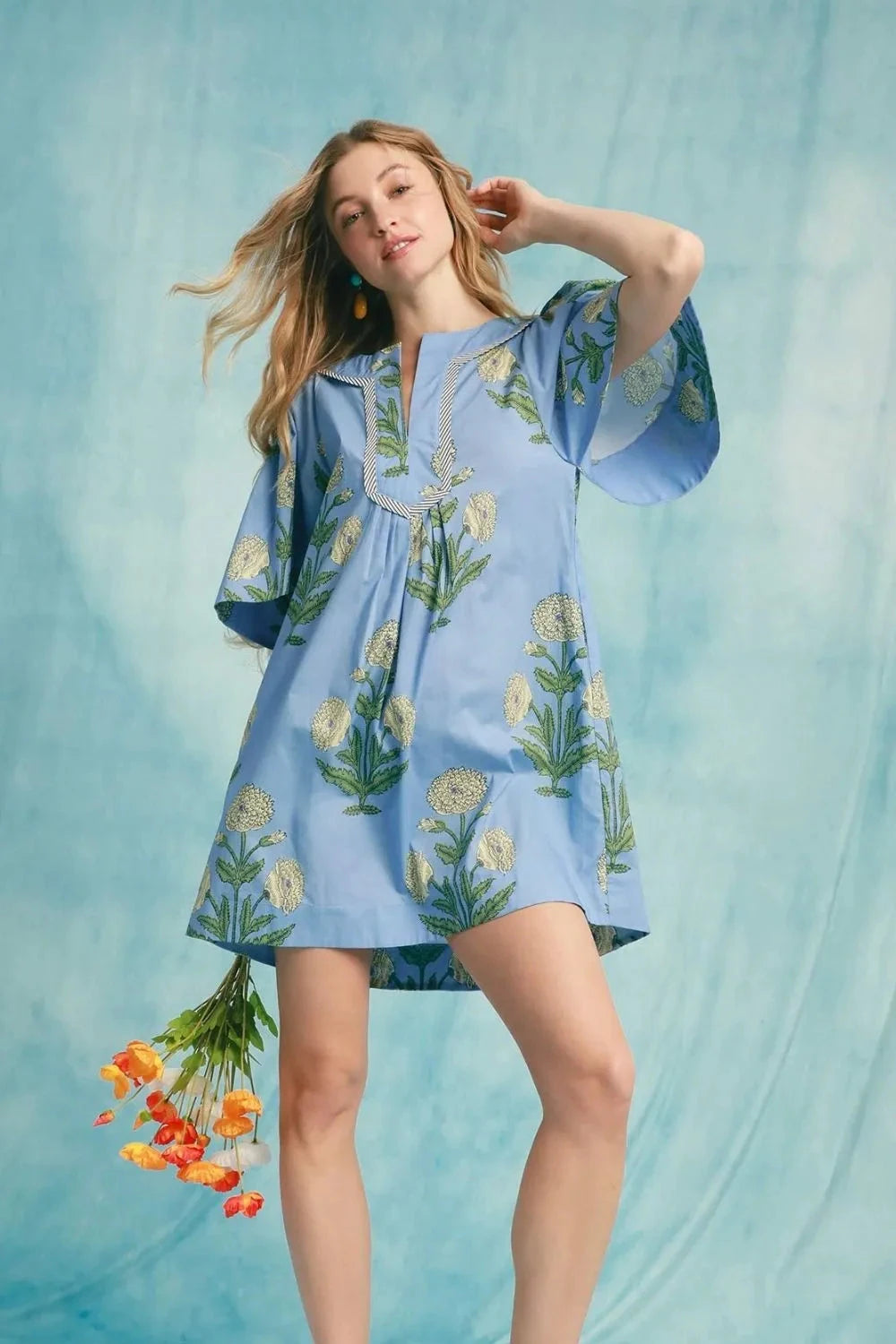 Umgee Tropical Print Bell Sleeve Mini Dress