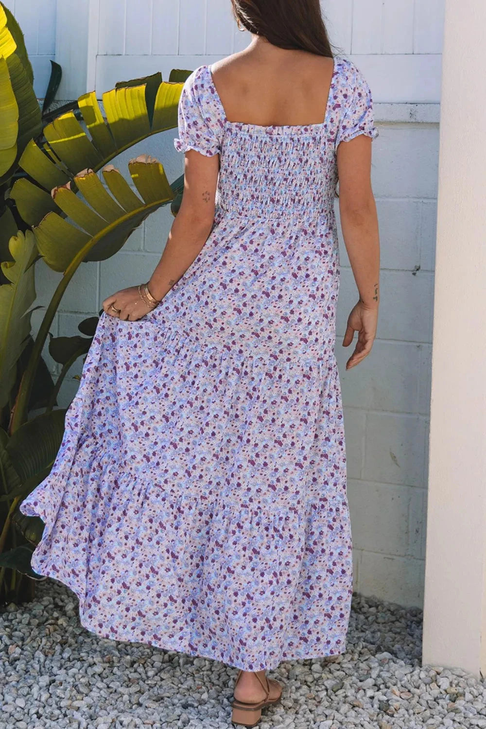 Tiered Floral Shirred High Waist Maxi Dress