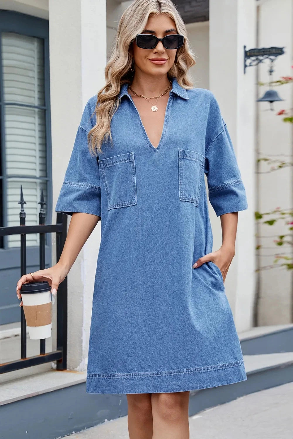 Johnny Collar Half Sleeve Denim Dress
