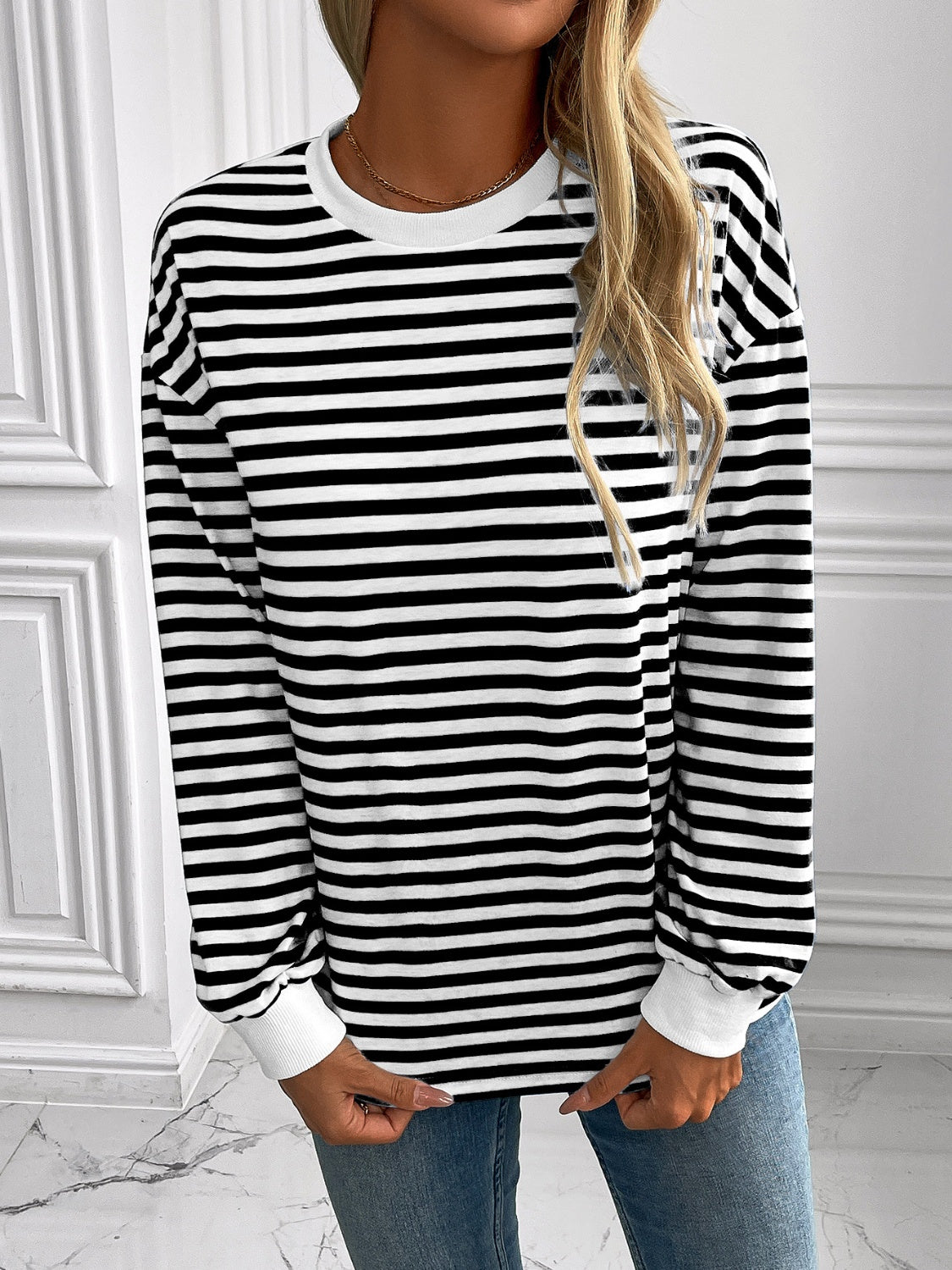 Ivy Lane Striped Round Neck Long Sleeve Sweatshirt - Laazaar