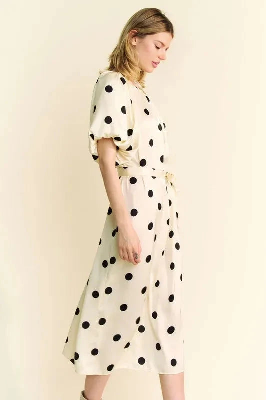 Davi & Dani Polka Dot Puff Sleeves Waist Tie Midi Dress