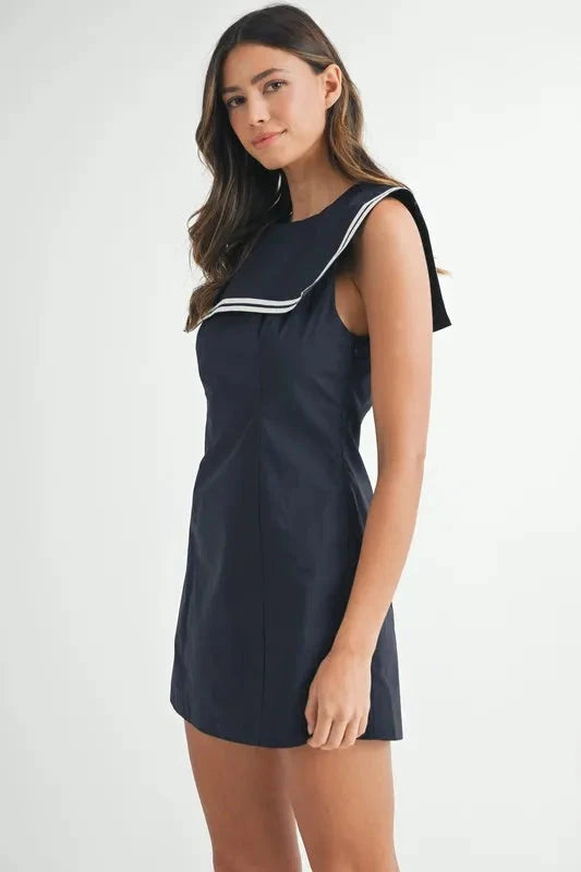 MABLE Contrast Piping Square Sailor Collar Mini Dress