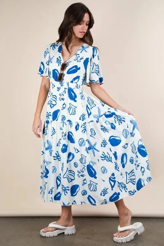 VERY J Printed V-Neck Resort Midi Dress