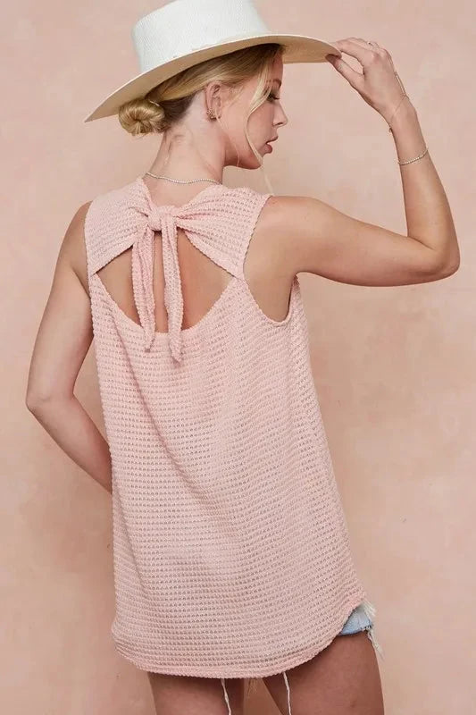 BiBi Popcorn Waffle Open Back Top with Tied Ribbon