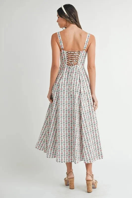 MABLE Floral Print Bustier Back Lace Up Midi Dress