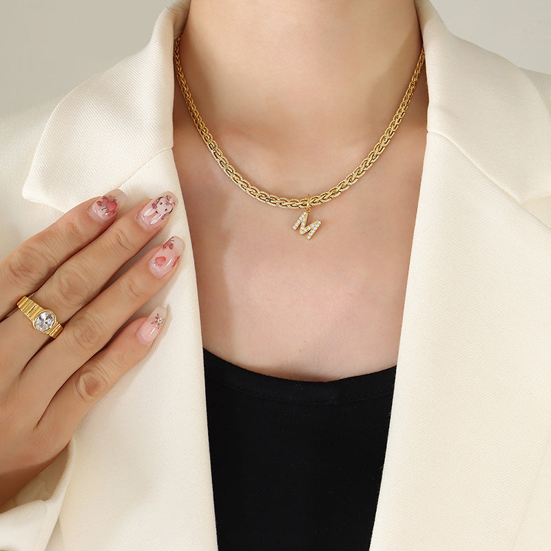 Brass Inlaid Zircon Letter Pendant Necklace - Laazaar