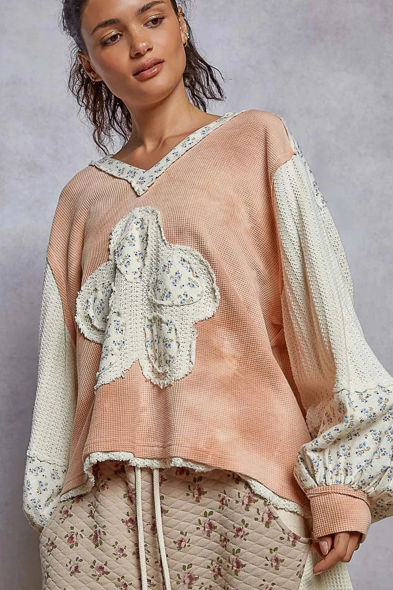 POL Raw Hem Washed Hoodie with Flower Patch