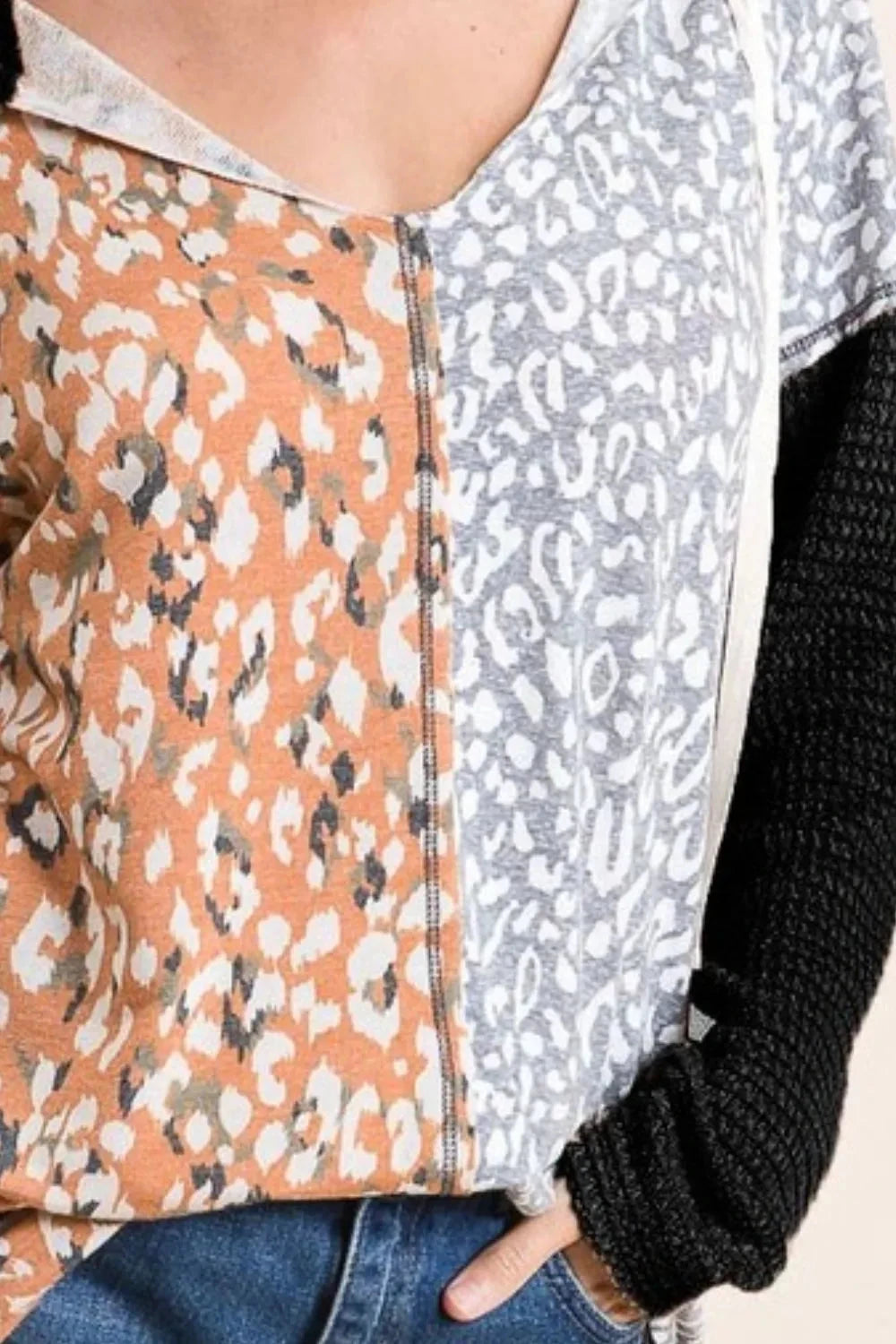 BiBi Popcorn Waffle Knit Hoodie with Print Block Front