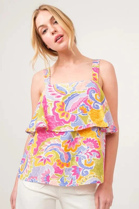 And The Why Square Neck Tiered Paisley Printed Top