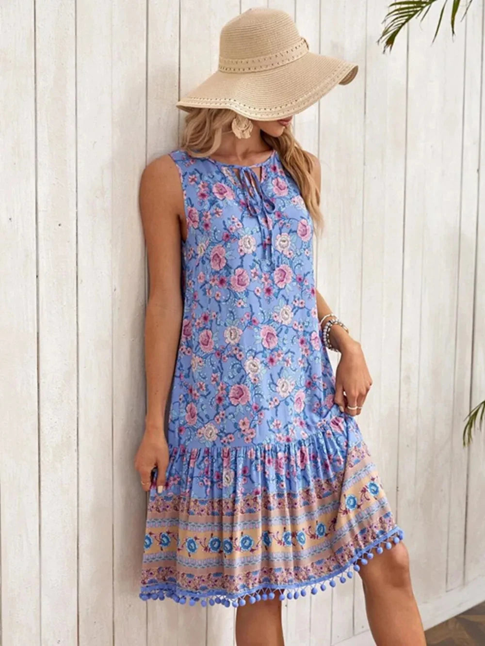 Tie Neck Sleeveless Floral Dress