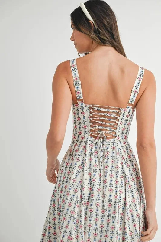 MABLE Floral Print Bustier Back Lace Up Midi Dress