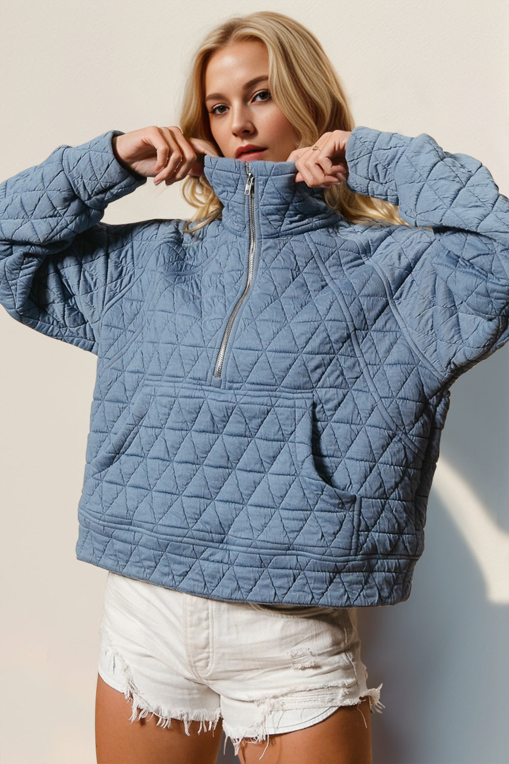 Double Take Half Zip Long Sleeve Quilted Sweatshirt with Pocket - Laazaar