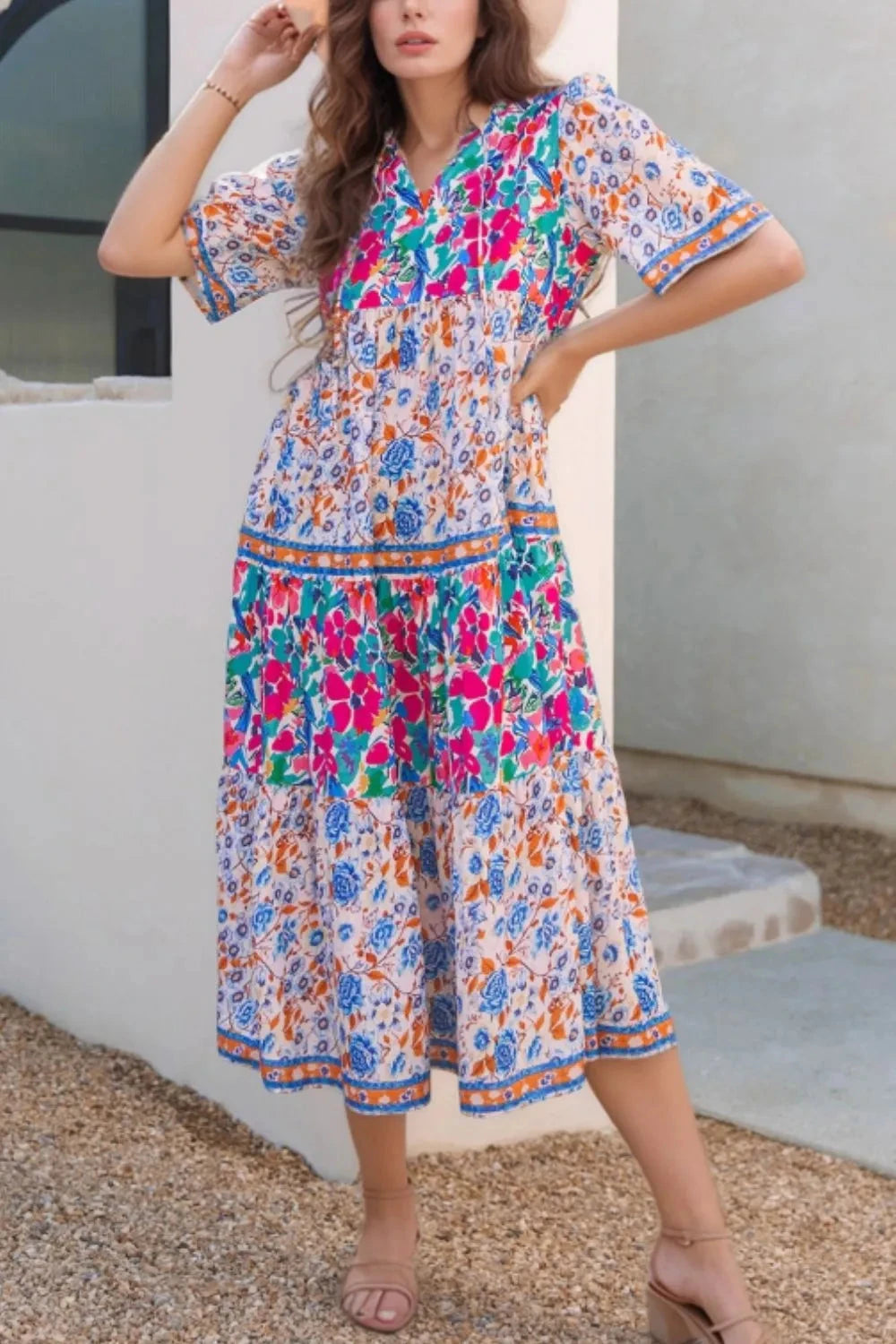Mixed Floral Print Tie Neck Short Sleeve Dress