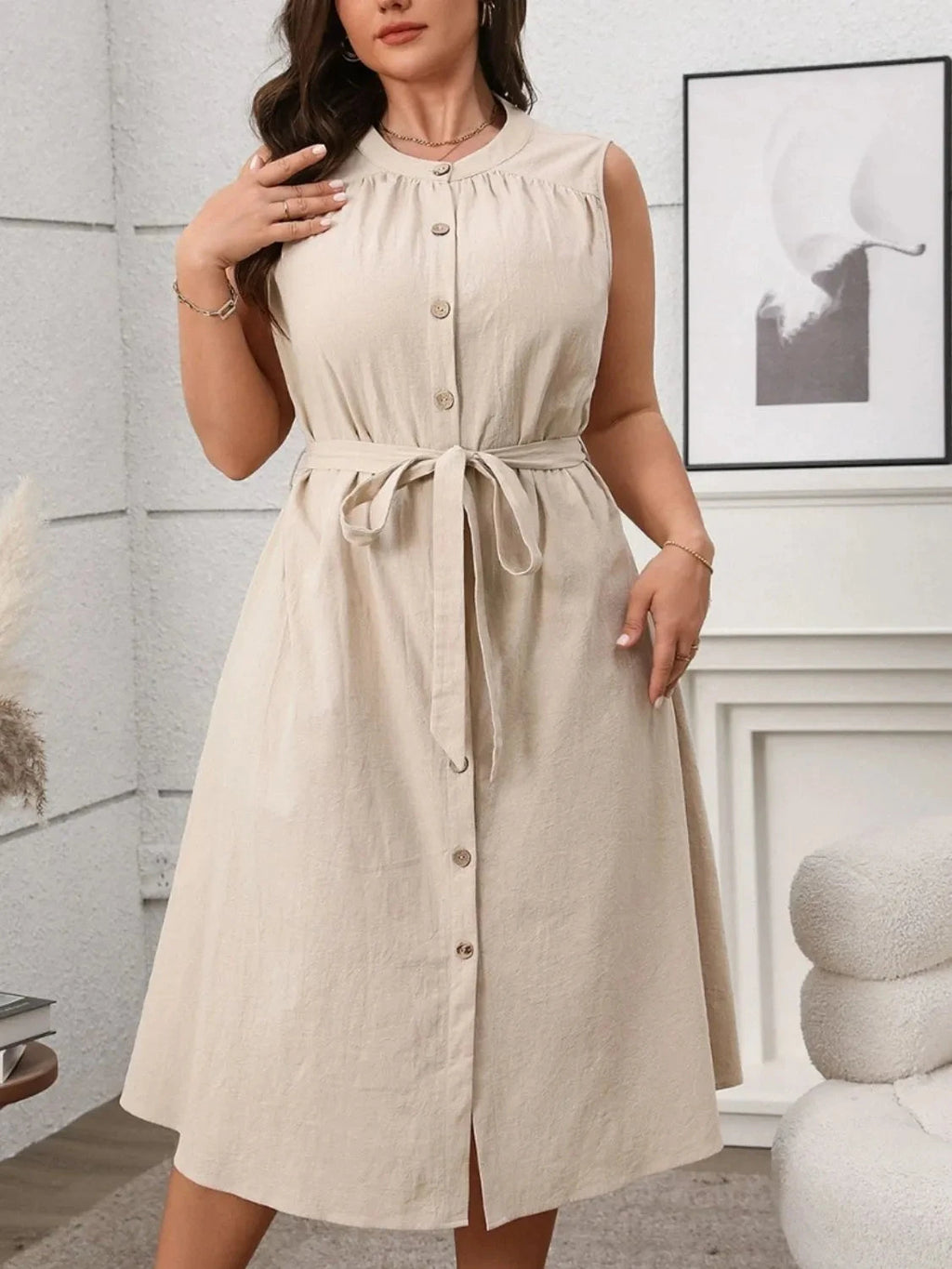 Plus Size Button Front Tie Waist Sleeveless Dress