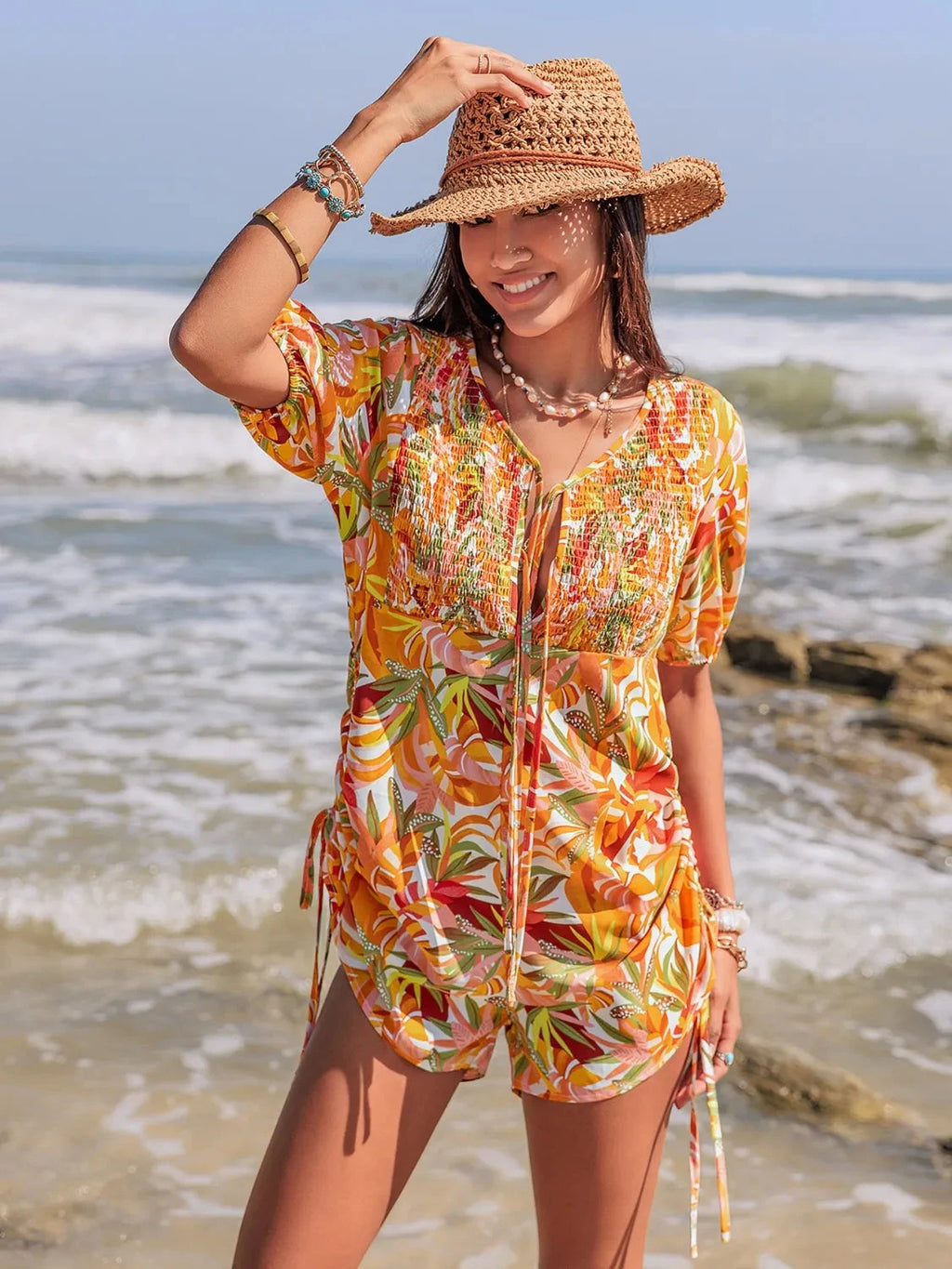 Smocked Printed Tie Neck Romper