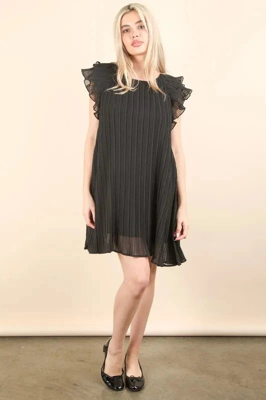 VERY J Plus Size Ruffle Sleeve Pleated Woven Mini Dress