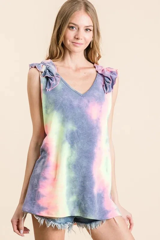BiBi Tie Dye French Terry V Neck Top with Ruffle