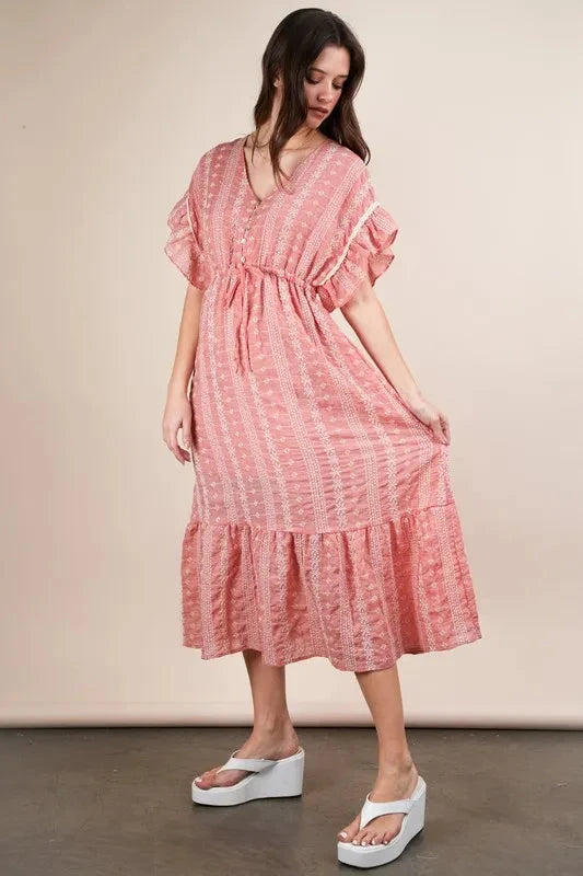 VERY J Embroidered Boho Ruffled Midi Dress