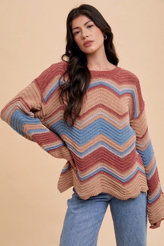 Annie Wear Multi Color Zig-Zag Round Neck Sweater - Laazaar
