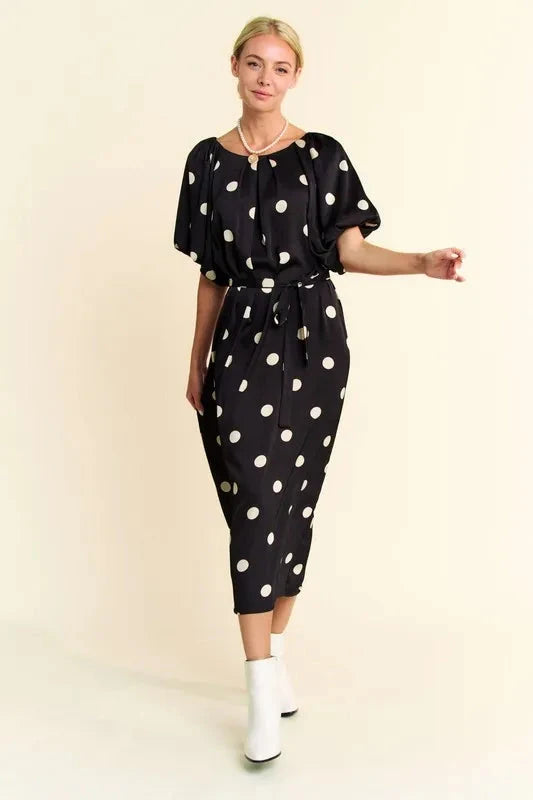 Davi & Dani Polka Dot Puff Sleeves Waist Tie Midi Dress